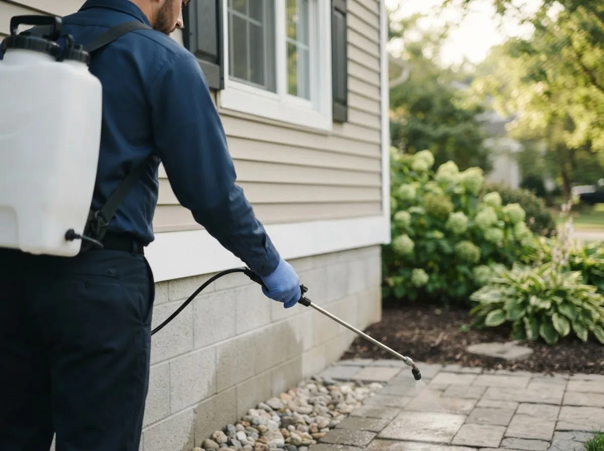 Pest control technician inspecting a home in Laingsburg, MI